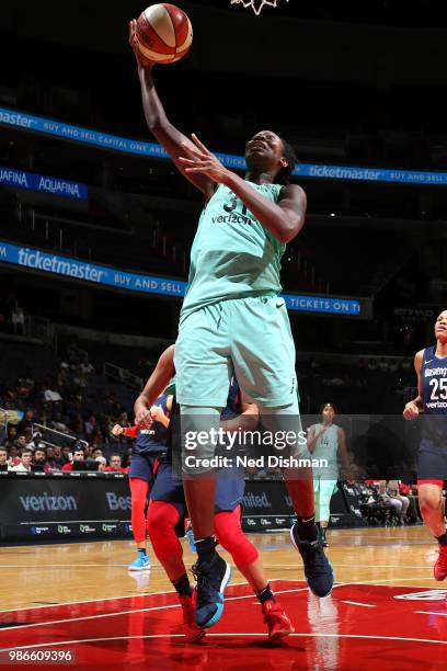 Tina Charles of the New York Liberty shoots the ball against the Washington Mystics on June 28, 2018 at Capital One Arena in Washington, DC. NOTE TO...