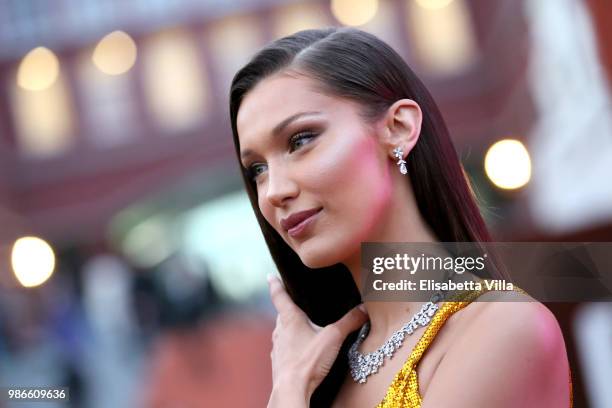 Bella Hadid attends BVLGARI Dinner & Party at Stadio dei Marmi on June 28, 2018 in Rome, Italy.