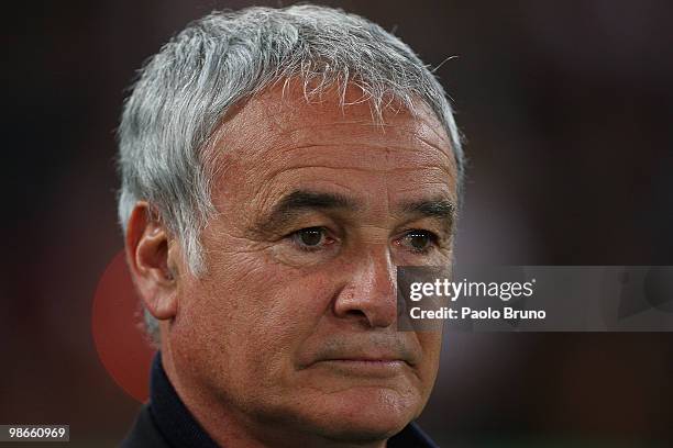 Claudio Ranieri the coach of AS Roma looks on during the Serie A match between AS Roma and UC Sampdoria at Stadio Olimpico on April 25, 2010 in Rome,...