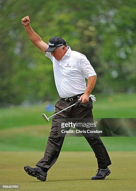 Mark O'Meara celebrates a birdie on during the final round of the Legends Division at the Liberty Mutual Legends of Golf at The Westin Savannah...