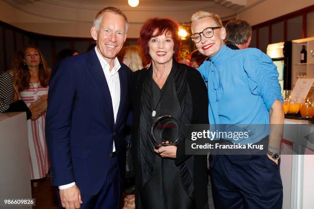 Johannes B. Kerner, Regina Ziegler and Baerbel Schaefer attend the Emotion Award at Curiohaus on June 28, 2018 in Hamburg, Germany.