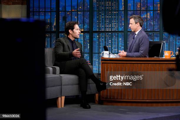 Episode 705 -- Pictured: Actor Paul Rudd during an interview with host Seth Meyers on June 28, 2018 --