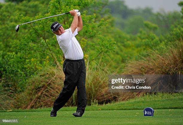 Mark O'Meara tees off on during the final round of the Legends Division at the Liberty Mutual Legends of Golf at The Westin Savannah Harbor Golf...