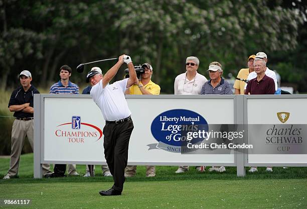 Mark O'Meara tees off on during the final round of the Legends Division at the Liberty Mutual Legends of Golf at The Westin Savannah Harbor Golf...