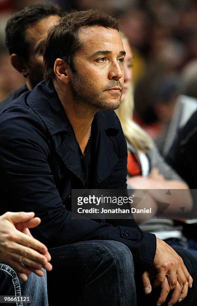 Actor Jeremy Piven sits courtside and watches as the Chicago Bulls take on the Cleveland Cavaliers in Game Four of the Eastern Conference...