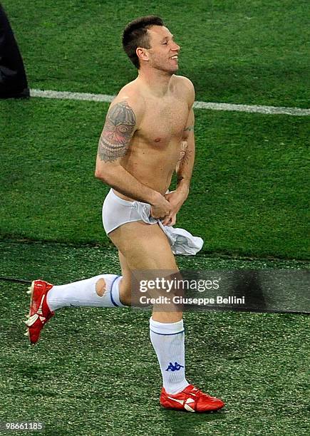 Antonio Cassano of Sampdoria celebrates the victory after the Serie A match between AS Roma and UC Sampdoria at Stadio Olimpico on April 25, 2010 in...