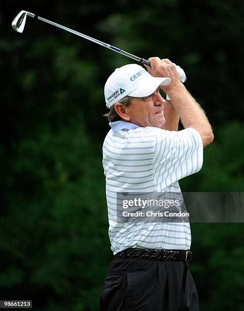 Nick Price of Zimbabwe tees off on during the final round of the Legends Division at the Liberty Mutual Legends of Golf at The Westin Savannah Harbor...