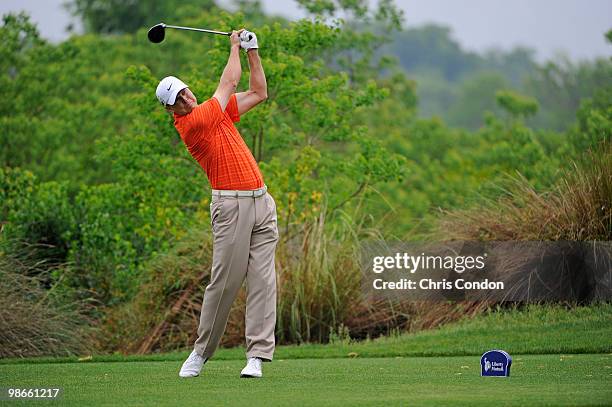 Bob Tway tees off on during the final round of the Legends Division at the Liberty Mutual Legends of Golf at The Westin Savannah Harbor Golf Resort &...