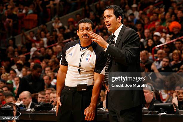 Miami Heat head coach Erik Spoelstra argues a call by the offical against the Boston Celtics in Game Four of the Eastern Conference Quarterfinals...