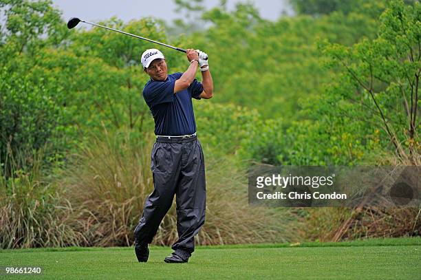 Chien Soon Lu of Taiwan tees off on during the final round of the Legends Division at the Liberty Mutual Legends of Golf at The Westin Savannah...