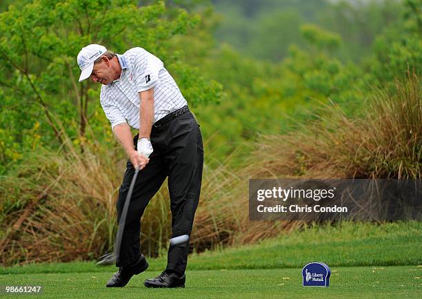 Nick Price of Zimbabwe tees off on during the final round of the Legends Division at the Liberty Mutual Legends of Golf at The Westin Savannah Harbor...