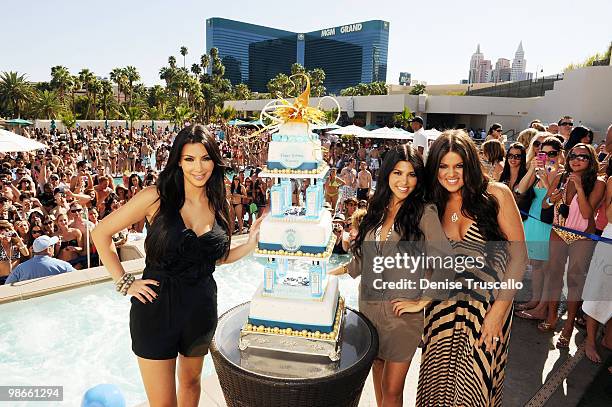 Kim Kardashian, Kourtney Kardashian and Khloe Kardashian celebrate Kourtney's birthday at Wet Republic on April 24, 2010 in Las Vegas, Nevada.