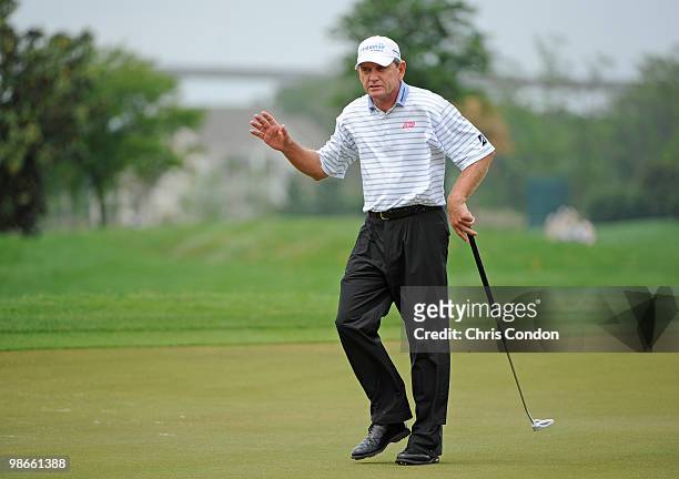 Nick Price of Zimbabwe putts for birdie on during the final round of the Legends Division at the Liberty Mutual Legends of Golf at The Westin...