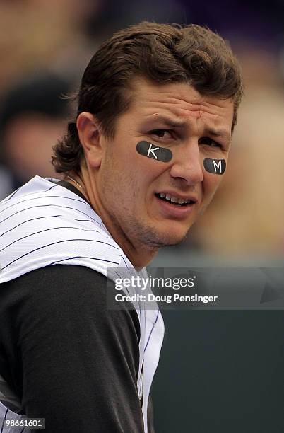 Shortstop Troy Tulowitzki of the Colorado Rockies wears the initials KM on his eye black in honor of Keli McGregor as the Rockies host the Florida...