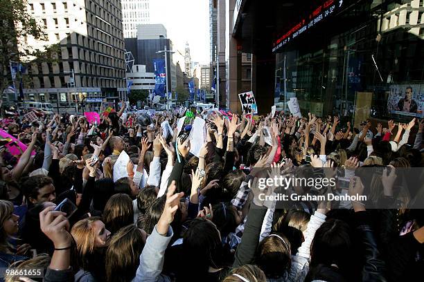 Large crowd of Justin Bieber fans pack into Martin Place during the "Sunrise" broadcast at Martin Place on April 26, 2010 in Sydney, Australia....