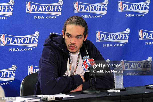 Joakim Noah of the Chicago Bulls contemplates his response to a question during the post game press conference in Game Four of the Eastern Conference...