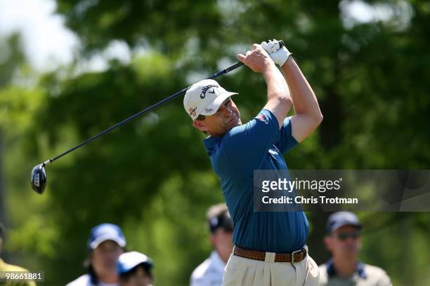 Lee Janzen hits his tee shot on the 13th hole during the final round of the Zurich Classic at TPC Louisiana on April 25, 2010 in Avondale, Louisiana.