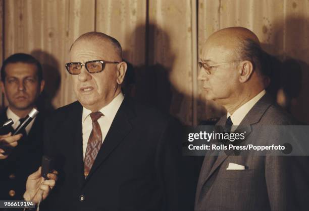 Turkish politician Nihat Erim pictured on right at a press conference with President Cevdet Sunay after being appointed Prime Minister of Turkey in...