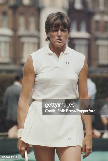 Australian tennis player Margaret Court pictured during play against Winnie Shaw in the final of the Women's singles tournament at the 1970 Queen's...