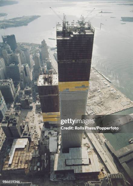 Aerial view of the twin towers of the World Trade Center under construction in Lower Manhattan, New York City on 20th October 1970. At this point the...