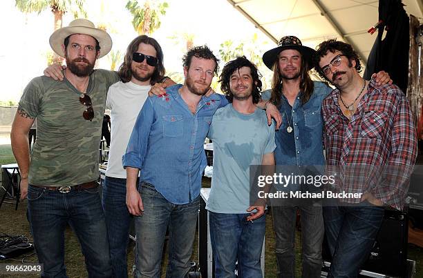 Musicians Scott Kinnebrew, Adam Grace, Joe Edel, Tim Jones, Walker Young and Bill Smith of Truth and Salvage Co. Pose backstage during day 2 of...