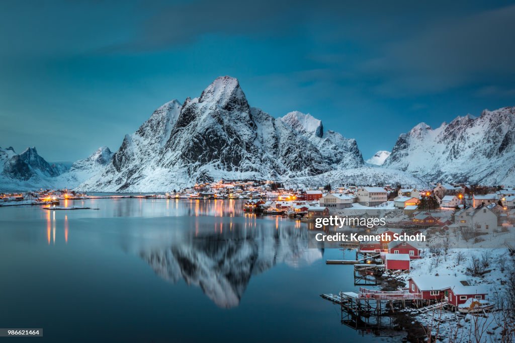 A village at night in Reine, Norway.