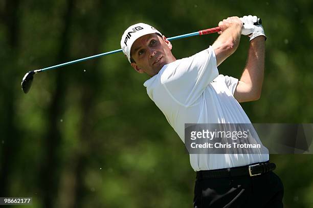 Kevin Sutherland hits his tee shot on the 5th hole during the final round of the Zurich Classic at TPC Louisiana on April 25, 2010 in Avondale,...