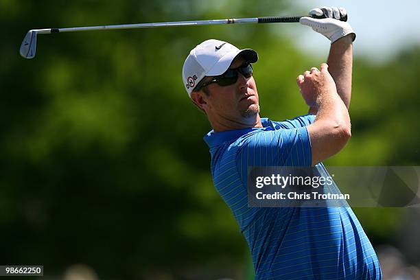 David Duval hits his tee shot on the 3rd hole during the final round of the Zurich Classic at TPC Louisiana on April 25, 2010 in Avondale, Louisiana.