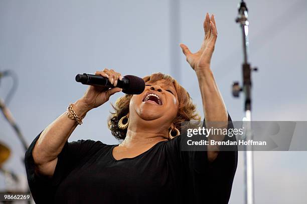Gospel singer Mavis Staples performs with the band the Roots at the Climate Rally on the National Mall on April 25, 2010 in Washington, DC. The free...