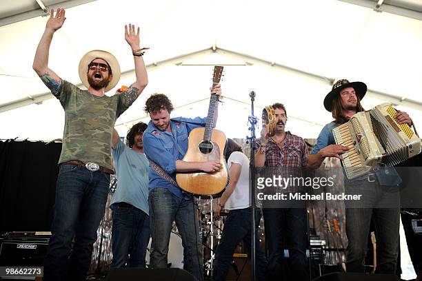 Musicians Scott Kinnebrew, Joe Edel, Adam Grace, Tim Jones, Bill Smith and Walker Young of Truth and Salvage Co. Pose backstage during day 2 of...