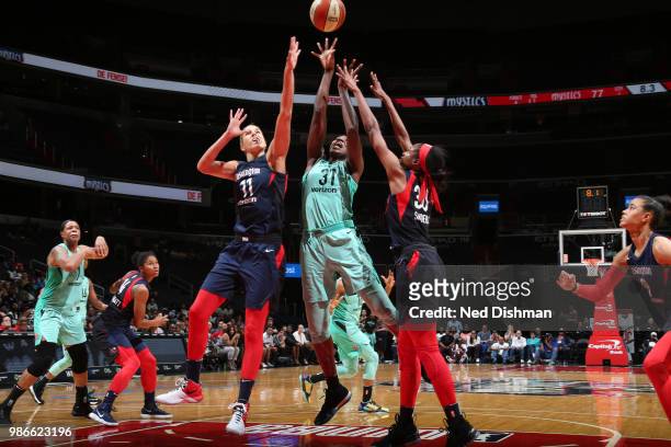 Tina Charles of the New York Liberty shoots the ball against the Washington Mystics on June 28, 2018 at Capital One Arena in Washington, DC. NOTE TO...