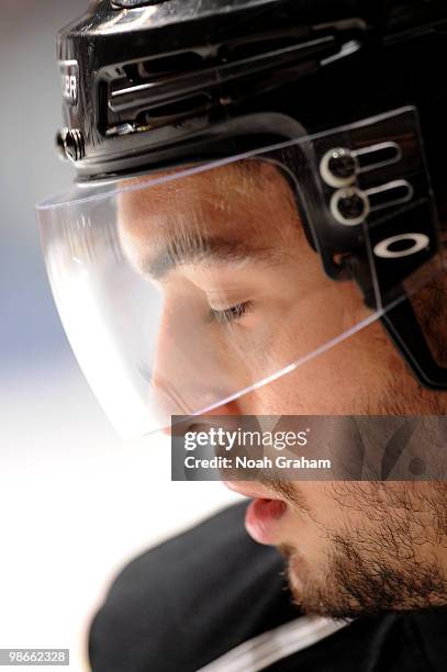 Drew Doughty of the Los Angeles Kings warms up prior to facing the Vancouver Canucks in Game Six of the Western Conference Quarterfinals during the...