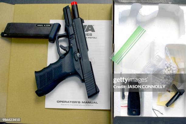 An Airsoft pistol lies on a table during a three day firearms course for school teachers and administrators sponsored by FASTER Colorado at Flatrock...