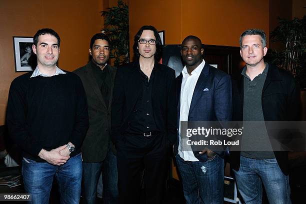 Connor Shell, Keith Clinkscales, director Sean Pamphilon, Ricky Williams of the Miami Dolphins and Bill Simmons attend the ESPN Industry event for...