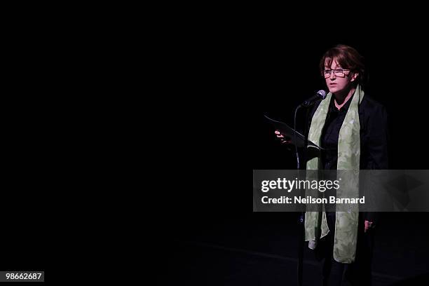 Playwright Mary Apick speaks on stage before a special performance of "Beneath The Veil" at Lincoln Center for the Performing Arts on April 25, 2010...
