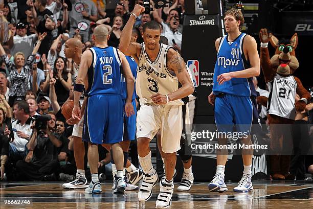 Guard George Hill of the San Antonio Spurs reacts during a 92-89 win against the Dallas Mavericks in Game Four of the Western Conference...