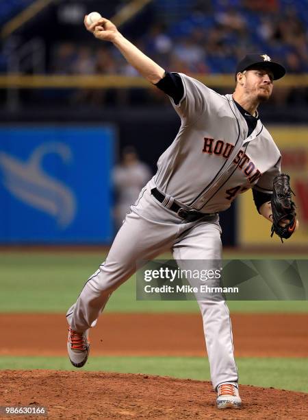 Chris Devenski of the Houston Astros pitches during a game against the Tampa Bay Rays at Tropicana Field on June 28, 2018 in St Petersburg, Florida.