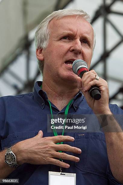 Director James Cameron speaks to the crowd at The 2010 Earth Day Climate Rally at the National Mall on April 25, 2010 in Washington, DC.