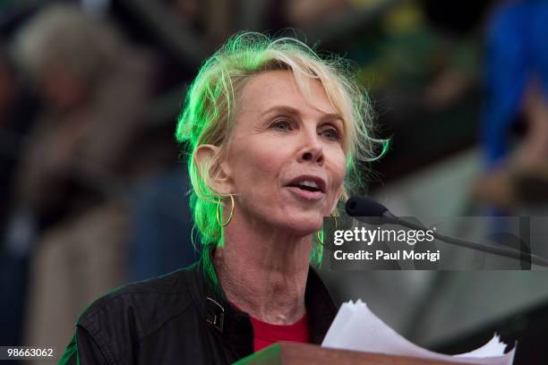 Trudie Styler, wife of musician Sting, speaks at The 2010 Earth Day Climate Rally at the National Mall on April 25, 2010 in Washington, DC.