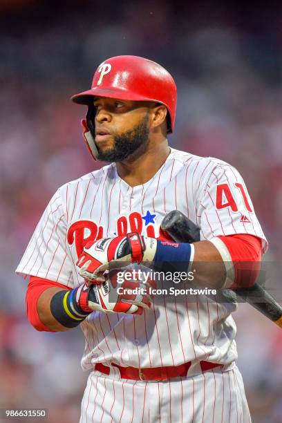 Philadelphia Phillies first baseman Carlos Santana gets ready at the plate during the MLB game between the New York Yankees and the Philadelphia...