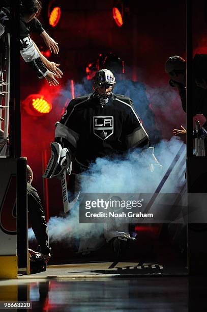 Jonathan Quick of the Los Angeles Kings takes the ice to face the Vancouver Canucks in Game Six of the Western Conference Quarterfinals during the...