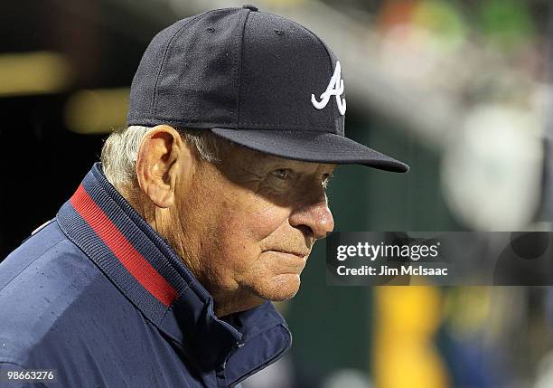 Manager Bobby Cox of the Atlanta Braves looks on against the New York Mets on April 25, 2010 at Citi Field in the Flushing neighborhood of the Queens...