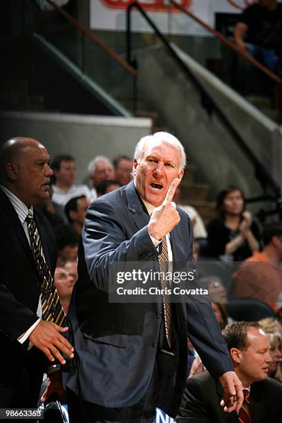 Gregg Popovich, head coach of the San Antonio Spurs questions a call during the game against the Dallas Mavericks in Game Four of the Western...