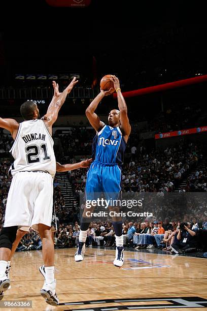 Caron Butler of the Dallas Mavericks shoots a jumper over Tim Duncan the San Antonio Spurs in Game Four of the Western Conference Quarterfinals...