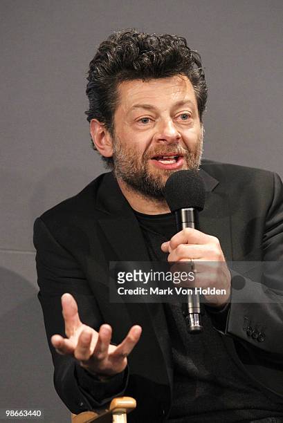 Actor Andy Serkis speaks about the new film Sex & Drugs & Rock & Roll at Meet The Filmmaker at the Apple Store Soho on April 25, 2010 in New York...