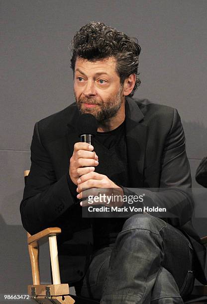Actor Andy Serkis speaks about the new film Sex & Drugs & Rock & Roll at Meet The Filmmaker at the Apple Store Soho on April 25, 2010 in New York...