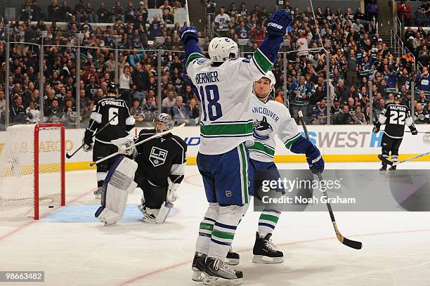 Steve Bernier of the Vancouver Canucks reacts after scoring a goal against the Los Angeles Kings in Game Six of the Western Conference Quarterfinals...