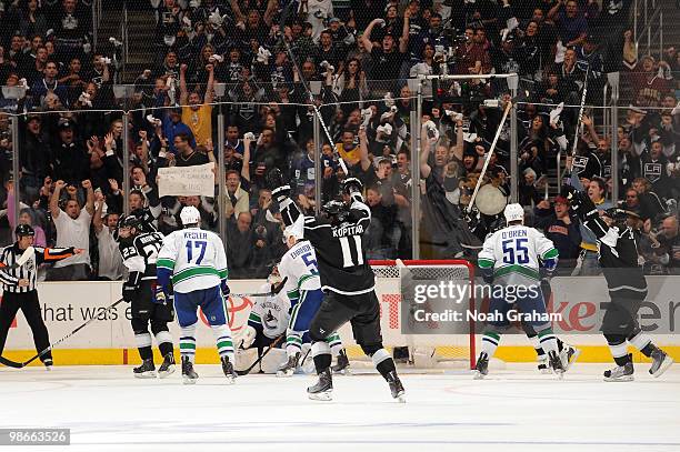 Anze Kopitar of the Los Angeles Kings reacts after a goal against the Vancouver Canucks in Game Six of the Western Conference Quarterfinals during...