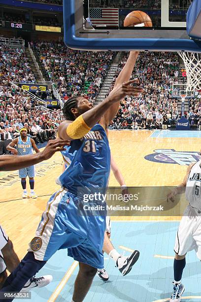Nene of the Denver Nuggets goes up for the shot against the Utah Jazz in Game Four of the Western Conference Quarterfinals during the 2010 NBA...