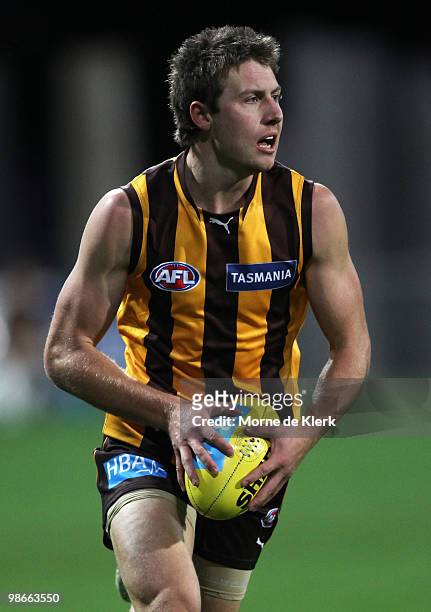 Liam Shiels of the Hawks runs with the ball during the round five AFL match between the Hawthorn Hawks and the North Melbourne Kangaroos at Aurora...